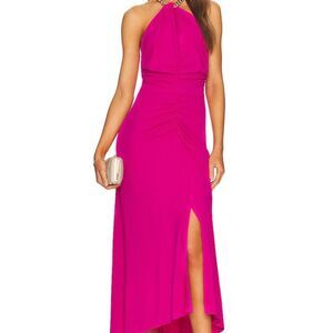 Veronica Beard Reze Hot Pink Ruched Gold Chain Halter Maxi Dress NWT 598 Sz L